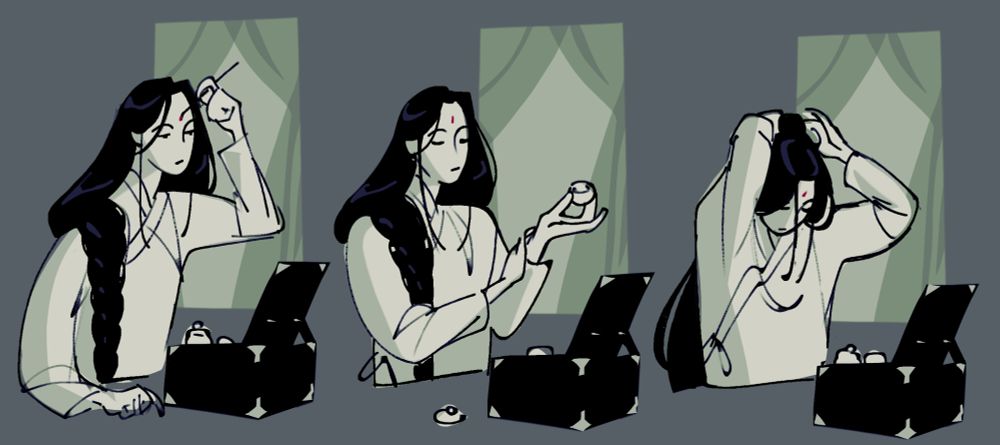 A three panel sketch of shen qingqiu (shen jiu) getting ready. From left to right he's applying makeup, then perfume, then putting his hair up.