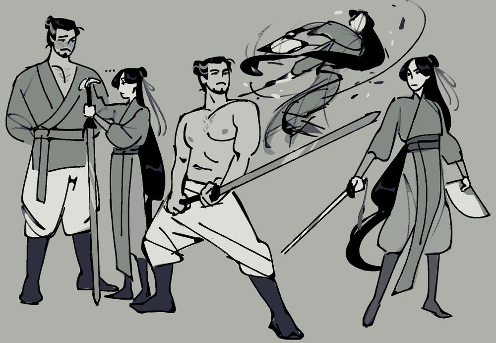 sketches of yue qingyuan and shen qingqiu (shen jiu) holding swords.