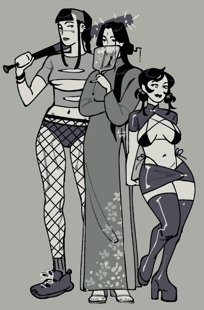 a sketch of shen jiu with two women standing next to him