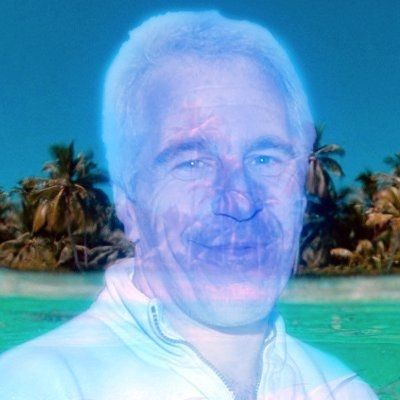 Der lächelnde Machtgeist von Jeffrey Epstein vor einer tropischen Insel im Meer