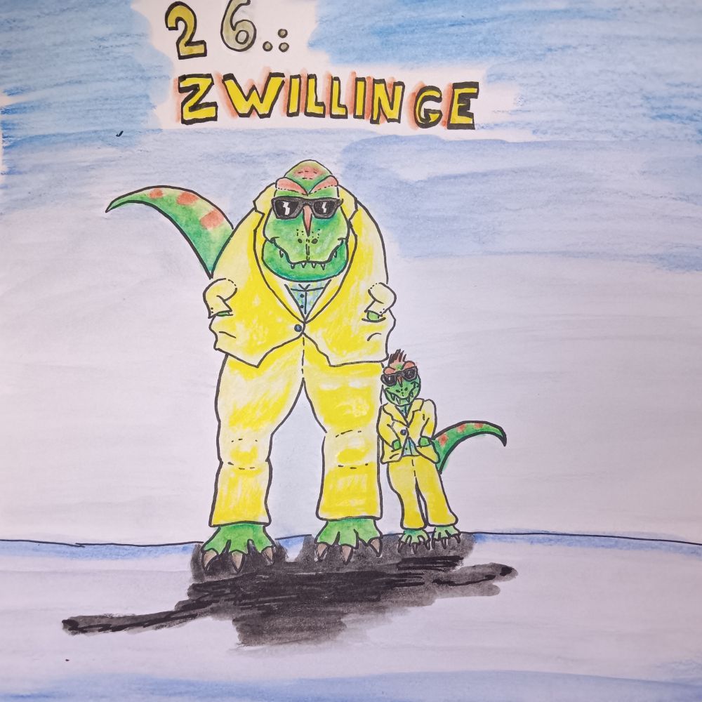 Cartoonzeichnung eines Tyrannosaurus rex und eines Nanotyrannus, die beide gelbe Anzüge und Sonnenbrillen tragen, der Nanotyrannus legt schief am T.rex, beide grinsen leicht.