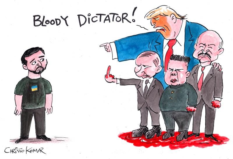 The political cartoon, drawn by Christo Komarnitski 🇧🇬, presents a satirical take on global politics. The image depicts Ukrainian President Volodymyr Zelenskyy, wearing a black T-shirt with the Ukrainian flag, standing alone. Opposite him, four well-known political figures—Donald Trump, Vladimir Putin, Kim Jong-un, and Alexander Lukashenko—are positioned together.

Trump, towering over the others, appears to be accusing Zelenskyy of being a “bloody dictator,” as indicated by the speech bubble. However, the irony is evident, as Putin, Kim, and Lukashenko—widely criticized for their authoritarian rule—stand on a pool of blood, with Putin and Kim having bloodstained hands. Putin is also seen raising his middle finger toward Zelenskyy.

The illustration highlights the hypocrisy of authoritarian leaders labeling democratic figures as dictators while engaging in oppressive and violent actions themselves. The use of blood imagery serves to reinforce the brutality associated with these figures.

The cartoon effectively conveys a sharp critique of political narratives and misinformation, particularly regarding Ukraine’s position in global affairs.
