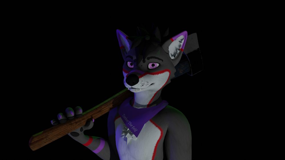 A render of the canis woof model with Timber's textures applied and him holding an axe over his right shoulder