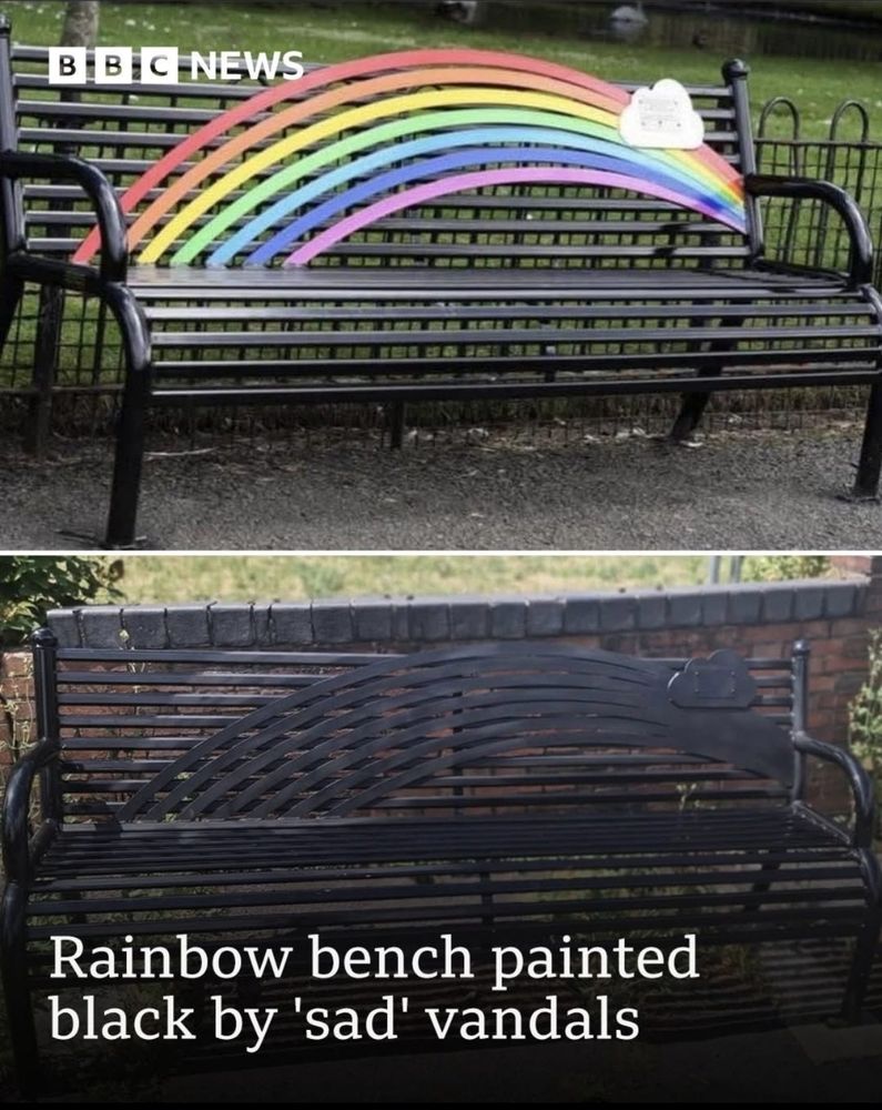 Rainbow bench painted black by "sad" vandals.