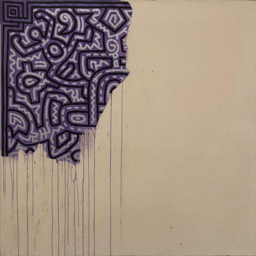 Keith Haring's Unfinished painting, done between 1989 and 1990. The painting has been seemingly done only on the upper left hand side of the canvas with stains of purple paint trailing the rest of the way down unto the lower left side of the canvas. The painting is mainly purple and it gives off a happy feeling mixed in with a feeling of wonder due to the painting seemingly being uncomplete... What else would he have painted? What else would you paint in the blank space? 