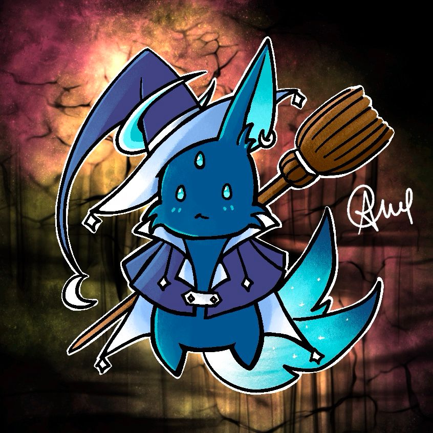 Navy blue bunny with three teal eyes and two teal tails standing on its hind legs wearing a purple and white witch hat and cloak adorned with 4 pointed stars on the tips of the hat brim and cloak and a moon at the tip of the hat. It also has a crescent halo around the ear with the hat on it, and a small round earring on the other ear. Its broom is magically attached to its back, kind of like Cloud's sword (FF7). The background is a spooky abstract pale red/orange glow with black magical aura emanating all around.