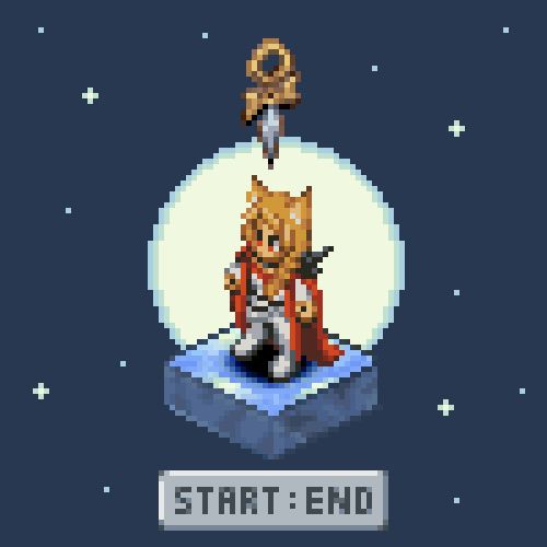 Ophelia 2.0 in Final Fantasy Tactics style pixel art. She is standing on a tile with the dagger cursor above like the battle formation screen in FFT with a moon and stars background. She is ready for battle, press Start to End!