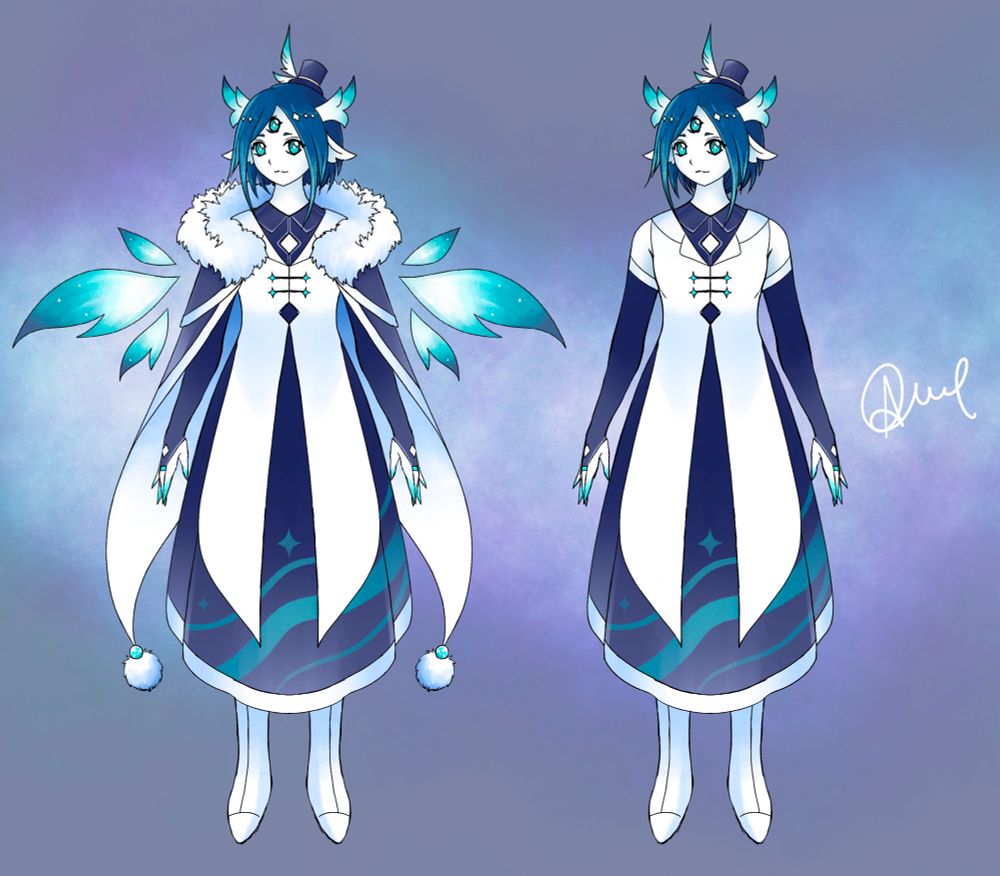 Front view of Myria, with and without her cape. She has pure white skin, three teal eyes, long navy blue hair in a ponytail, pointed deer-like ears, navy blue and teal tipped white antlers, white and teal gradient wings that look like flower petals. She is wearing a twin tail cape with a fluffy white collar and pompoms at the end of the tails, a dark violet-blue dress with a teal curvy line pattern at the bottom that looks like an aurora borealis with stars, white long boots, and a little violet-blue top hat with two white and teal gradient feathers.