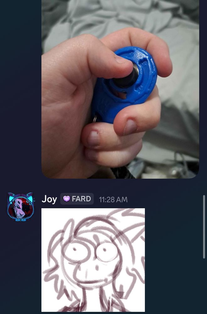A picture of a hand holding a dog training clicker

OP responds with a Glopossum sticker denoting emotions of “o_o;”