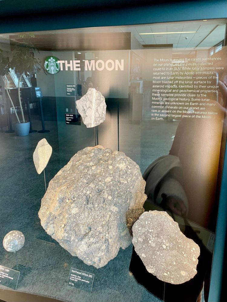 Exhibit of with descriptor: “The Moon is among the rarest substances on our planet. All the pieces collected could fit in an SUV. While lunar samples were returned to Earth by Apollo astronauts, most are lunar meteorites - pieces of the Moon blasted off the lunar surface by asteroid impacts. Identified by their unique mineralogical and geochemical properties, these samples provide clues to the Moon's geological history. Some lunar minerals are unknown on Earth and many common minerals on our planet are rare or absent on the Moon. Featured below is the second largest piece of the Moon on Earth.”