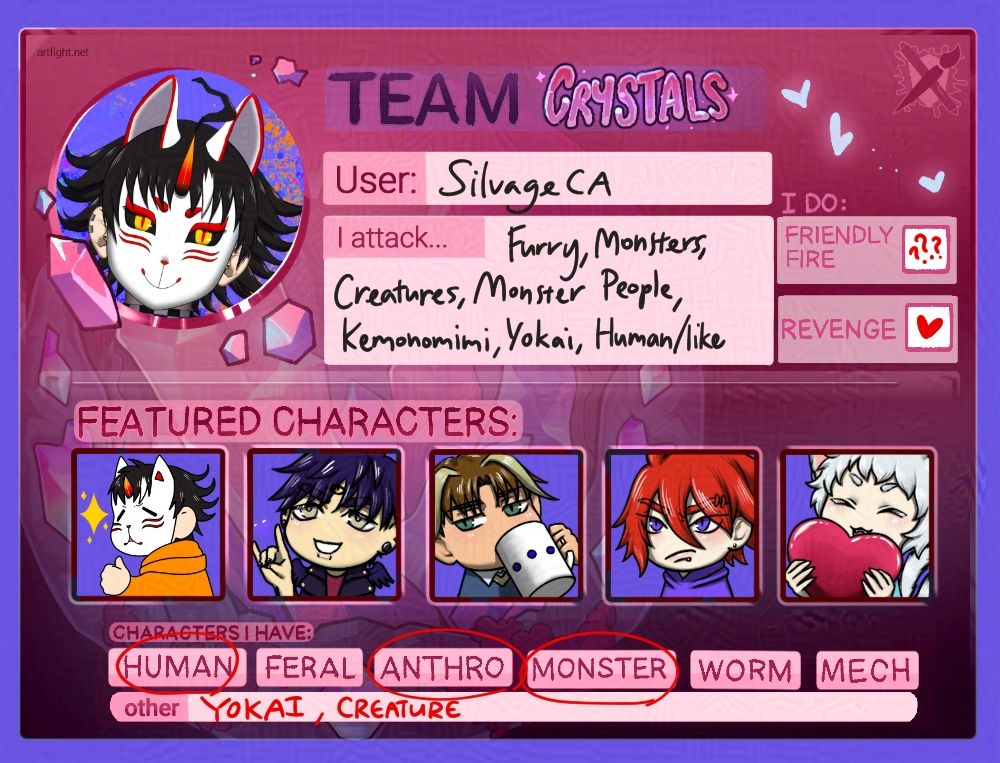 Image of @SilvageCA's Art Fight team card. The base frame visuals were created by the Art Fight team and the individual images within the larger circle and middle squares were drawn by @SilvageCA. There is handwritten text in the light areas of the image. There are red circles around the words 