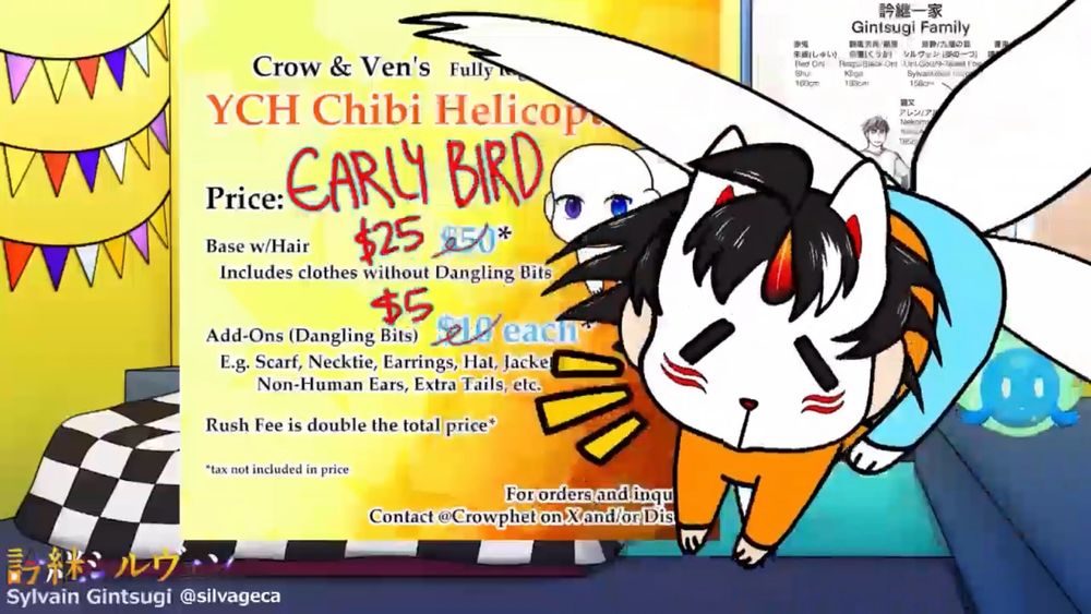 Screenshot of Sylvain Gintsugi’s (@SilvageCA) stream where they showed off themselves and their YCH (Your Character Here) Chibi Helicopter commissions price sheet. Prices are 50% off for the first 5 Early Bird commissioners!