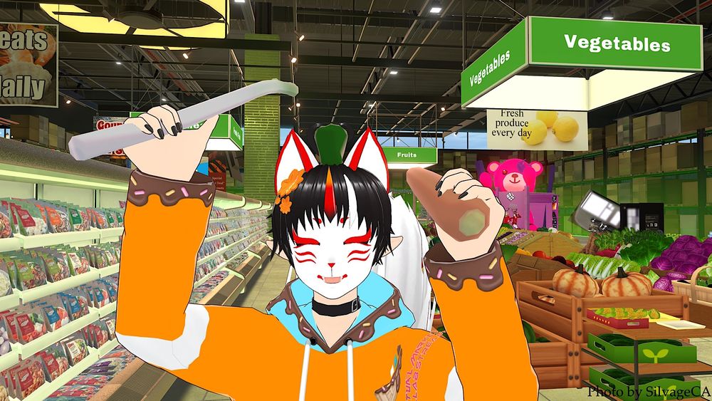 Photo taken in VRChat of Sylvain Gintsugi (original character and persona of SilvageCA). The background is the vegetable aisle of Vket MAART! - Fresh, a world from Virtual Market 2025 Winter. They are smiling and holding a leek and carrot in their hands. They have a green bell pepper on their head.

Sylvain’s avatar was made in Vroid Studio by SilvageCA.
The maple pins on their head was made by Kyudo & Sinrith.
The leek, carrot, and green bell pepper was made by nigh-sigh, on booth.pm.
The world was made by VirtualMarket1.
The Vket collab streamer armband was made by raido.