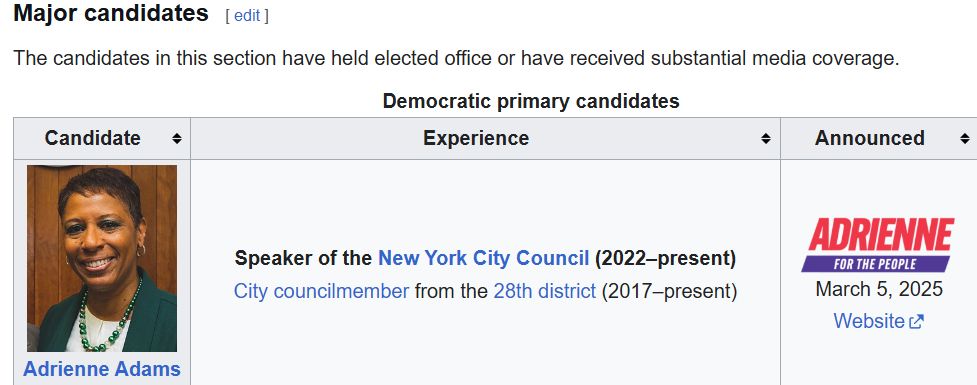 Snip from Wikipedia taken 11/5/25. Adrienne Adams experience for NYC Democratic primary.