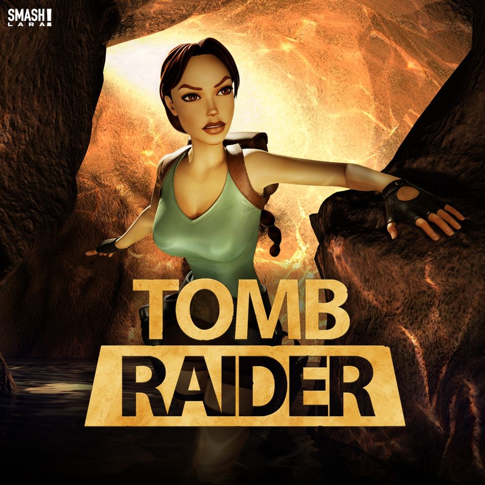 Lara Croft walking through a watery cave. The artwork is from Tomb Raider IV-VI Remastered. The new Tomb Raider logo is on the lower centre of the image.