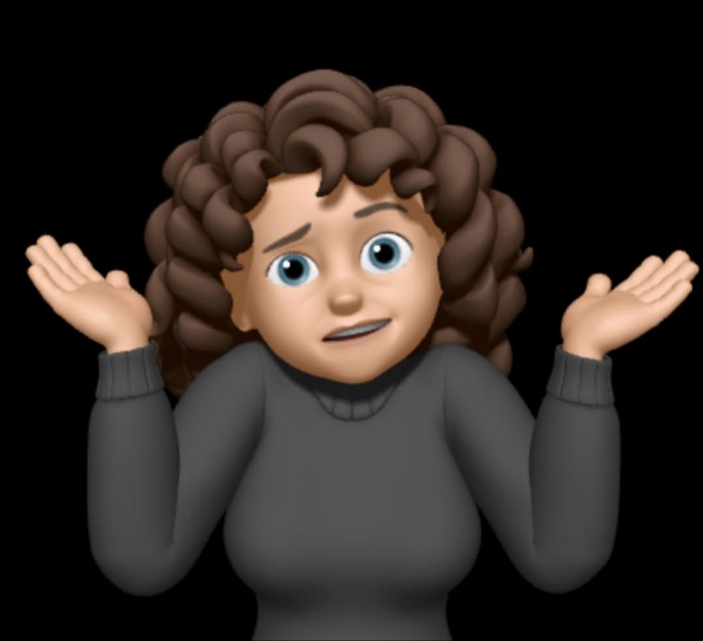 A cartoon emoji-style image of a white woman with dark, curly hair and blue eyes wearing a black sweater, throwing her hands up in confusion, with one eyebrow cocked.