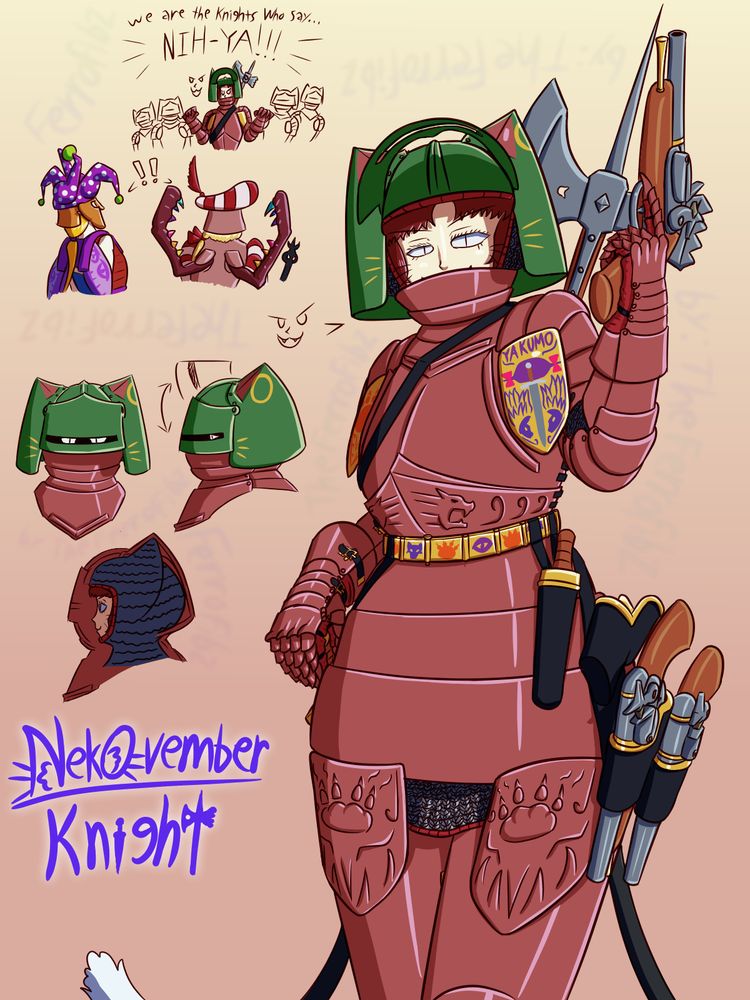 Chen from Touhou Project, wearing knightly full plate armor. To the side in the background, cameos can be seen of Clownpiece and Flandre in their own armors.