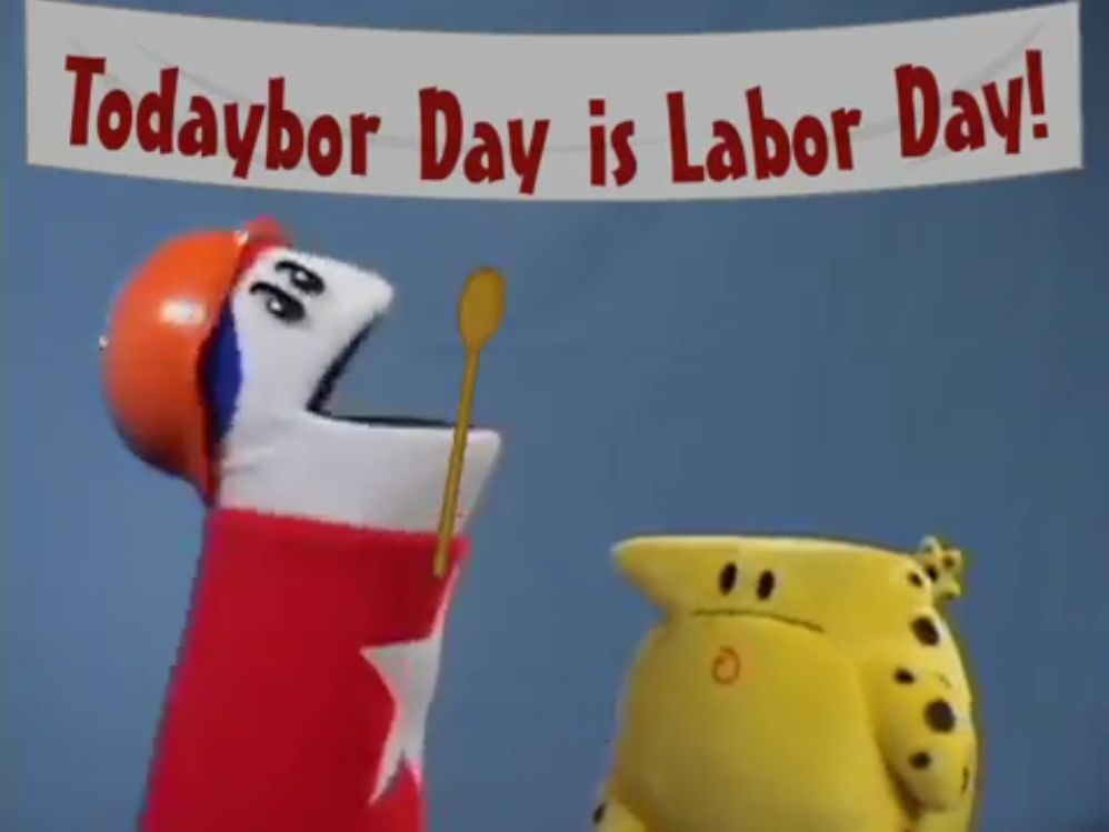 Homestar Runner and The Cheat with a banner that reads "Todaybor Day is Labor Day"