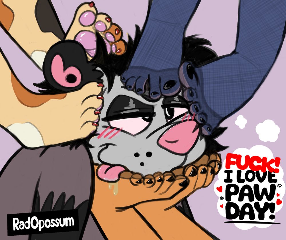 My opossum fursona, Rad, living the dream, surrounded by paws. They're thinking "FUCK! I LOVE PAW DAY!"