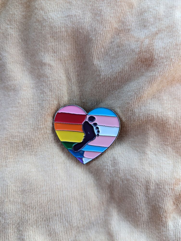 Heart shaped pin with gay pride flag on the left and trans pride flag on the left, then a sexy footprint right in the middle. Gay rights!