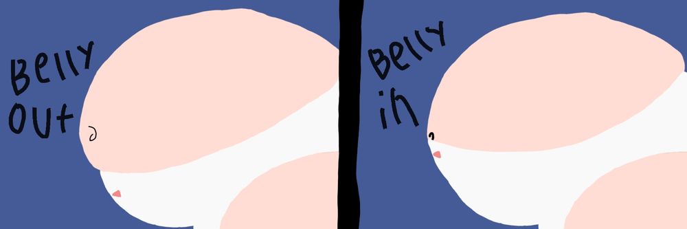 -The left is a visual example where part of the gut is spilled out of the waistband of their underwear letting it be free

-The right is a visual example where the waistband of the underwear is pulled and tucked over half of their hanging gut containing the sphere (and showing just how elastic their undies are)