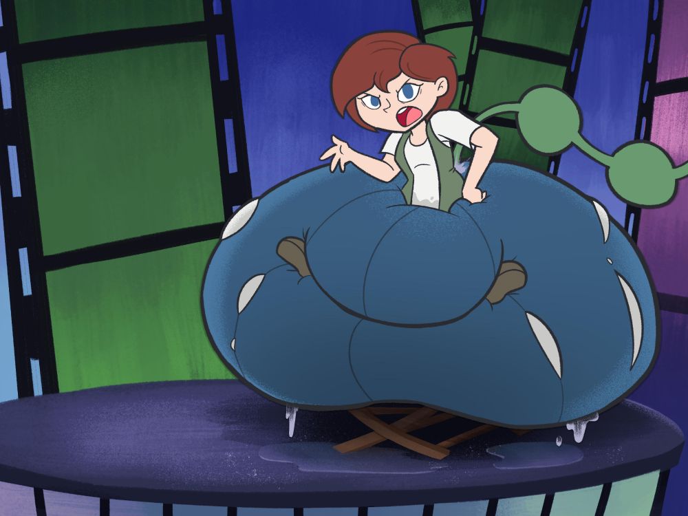 Alice Tompkins from the critic in her husband's workplace taking a shot at reviewing films. she's in deep in covering a unnamed but familiar cartoon short where someone endures a certain " big wash".

Too deep to be aware that her clothes are also experiencing a wash as her pants inflate via water to where it's closed to engulfing her review chair, leaking a bit of water from the pressure and a couple tears on her pants revealing her underwear are also being inflated with water like a balloon as well!