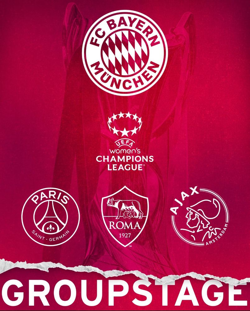 Image with strong red background and the UWCL trophy. Bayern club logo at the top Center followed in the second row by the UWCL logo also in white and in the third row with the group competitors logos also in white of Paris Saint Germain, AS Roma and Ajax Amsterdam.
At the very bottom the word groupstage in all capital and bold letters