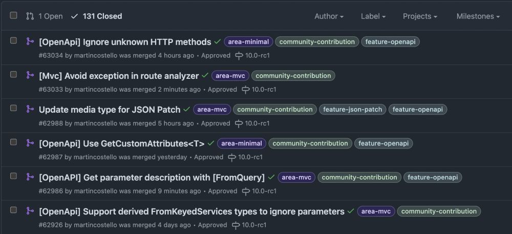 A screenshot of merged GitHub pull requests all authored by Martin Costello