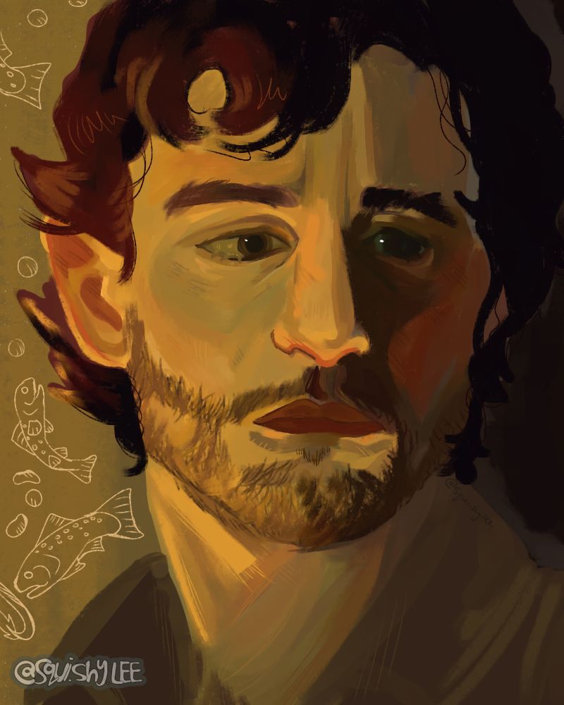 A digital painting portrait of Will Graham from Hannibal NBC, background is an earthy green with doodles of trout fish.