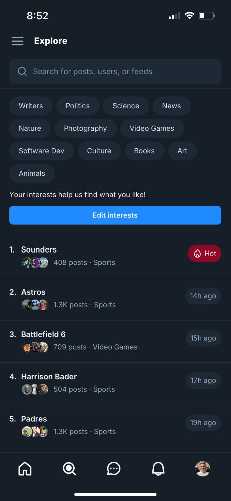 A screenshot of the search tab showing my selected interests (which specifically do not include sports), yet 4 of the top 5 hits trending topics below are sports.