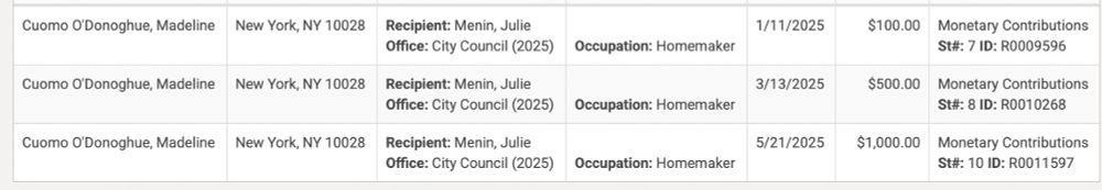 Screenshot from NYCCFB which shows donations totaling $1600 from Madeline Cuomo to Julie Menin. 