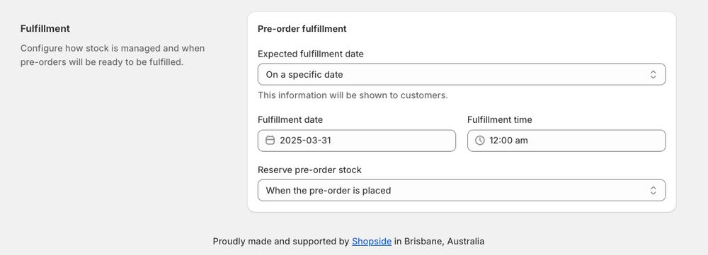 A screenshot of Early Bird Shopify app's preorder campaign setup for fulfillment.