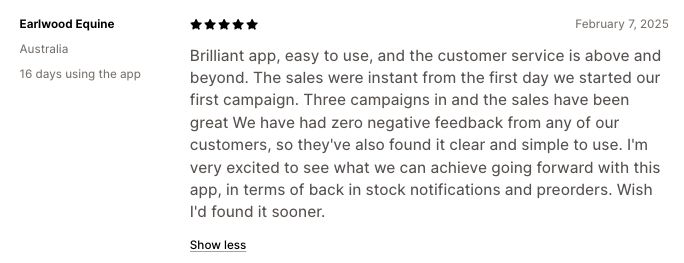 A screenshot of a 5 star app review for Early Bird Shopify app by Earlwood Equine, an equestrian brand in Australia.