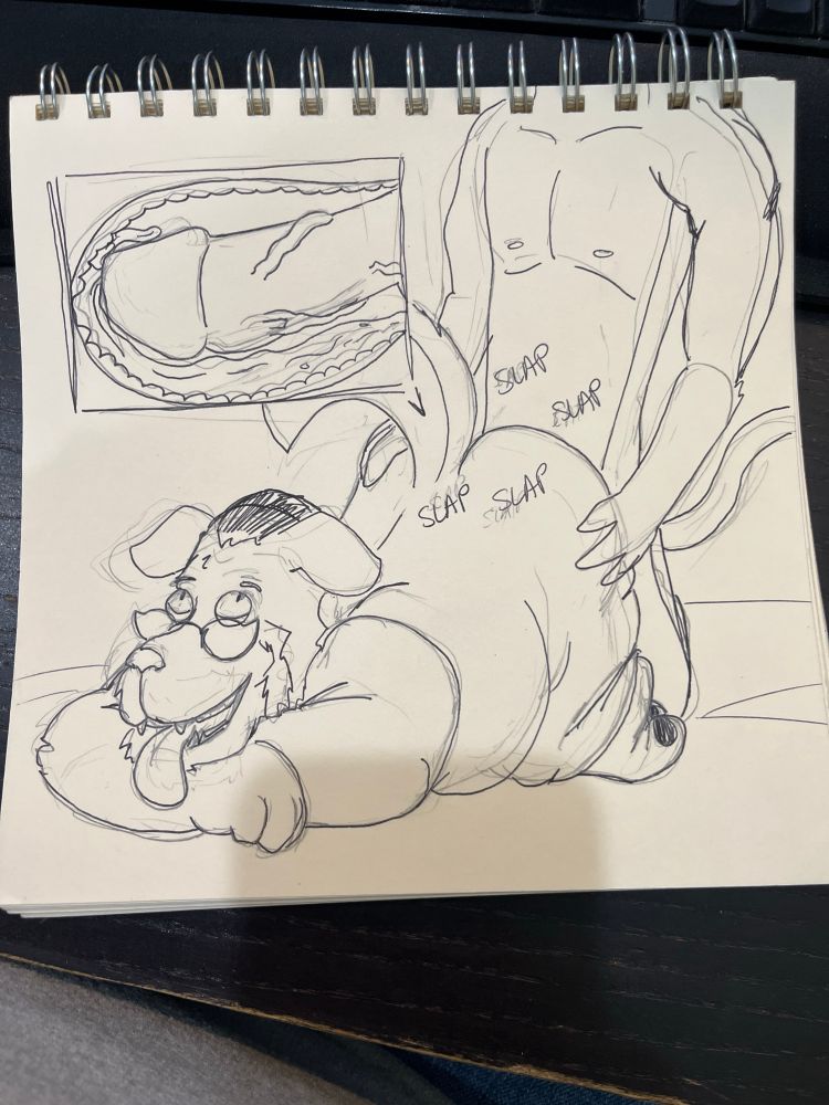 Ink drawing a fat dog being fucked from behind by thinner cat. There’s a large box showing the internal drawing of the cat cumming inside the dog. 