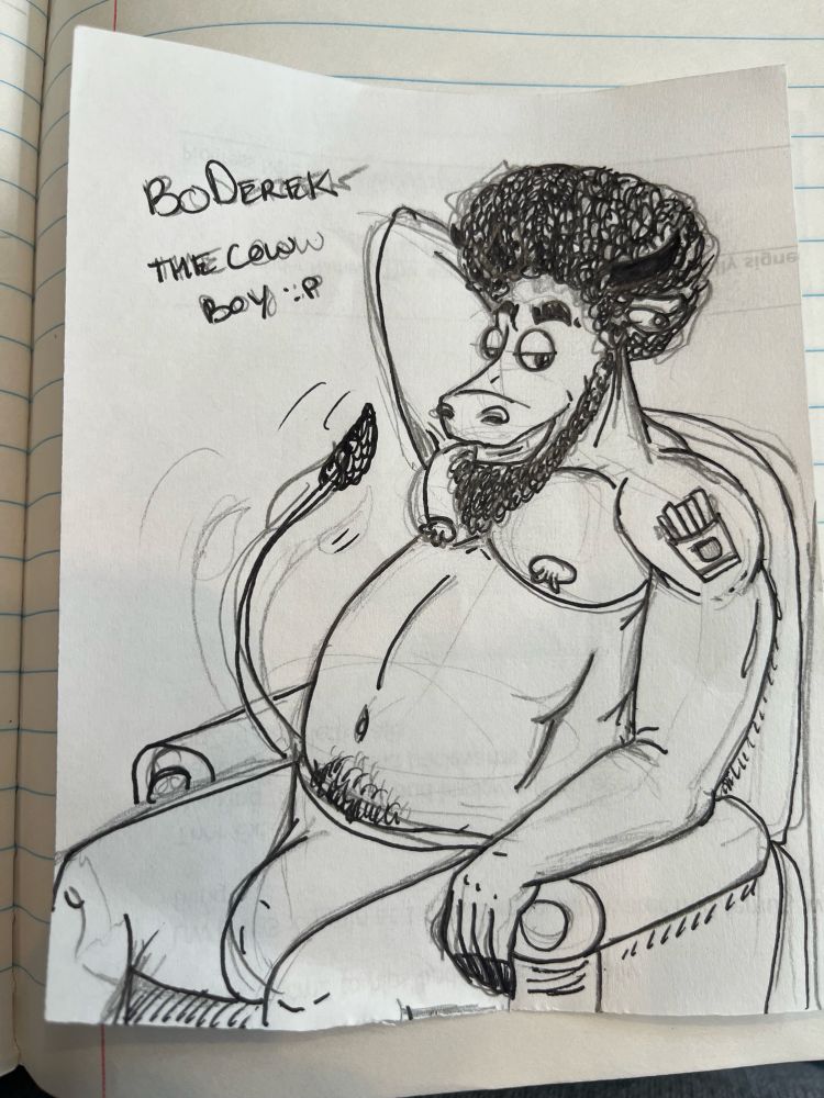 Inked drawing of an anthro cow with male secondary sex characteristics, curly Afro hair and beard. Has a box of fries as a tattoo visible. He is looking coyly at the viewer with one arm raised casually behind his head sitting in an arm chair in underwear. 