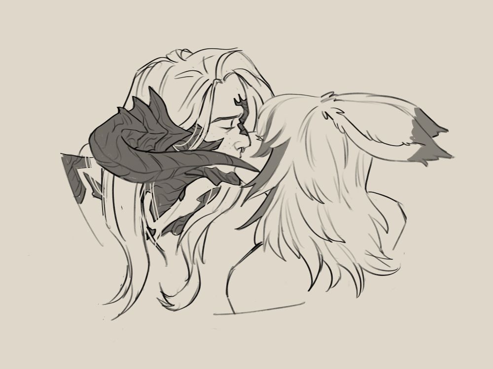 a sketchy drawing of an au ra and a viera sharing a soft kiss
