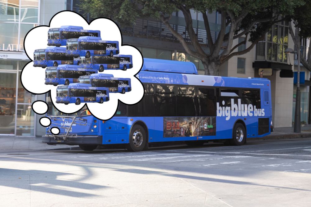 a bus with multiple buses in a thought bubble. get it, plural bus, pluribus, this isn't that funny