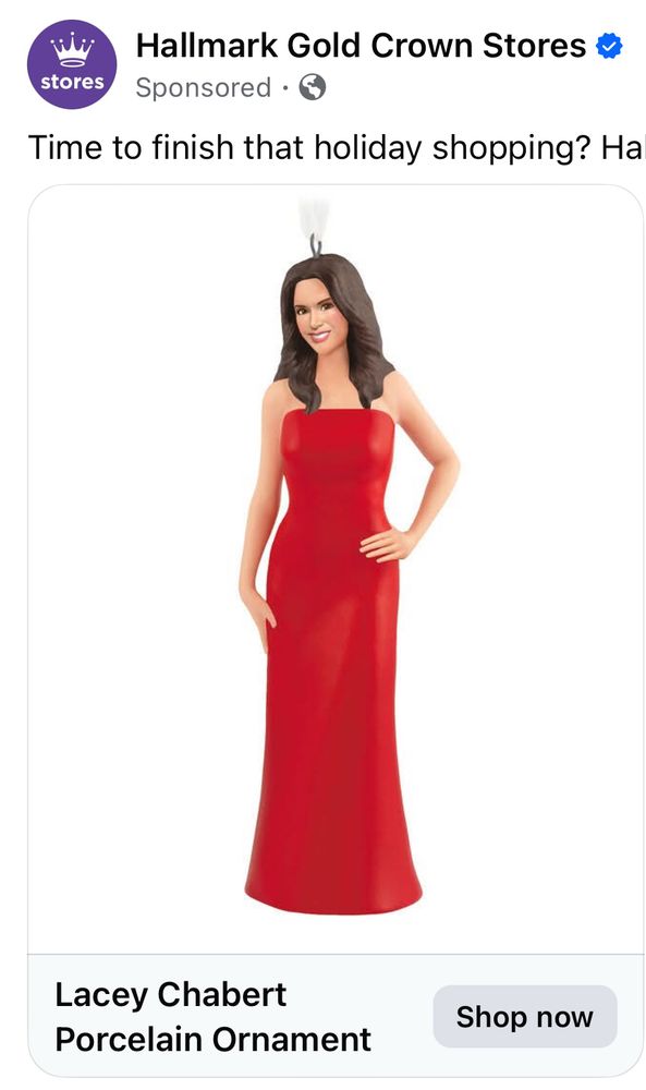 Porcelain Christmas ornament of Hallmark’s favorite leading lady, Lacey Chabert
