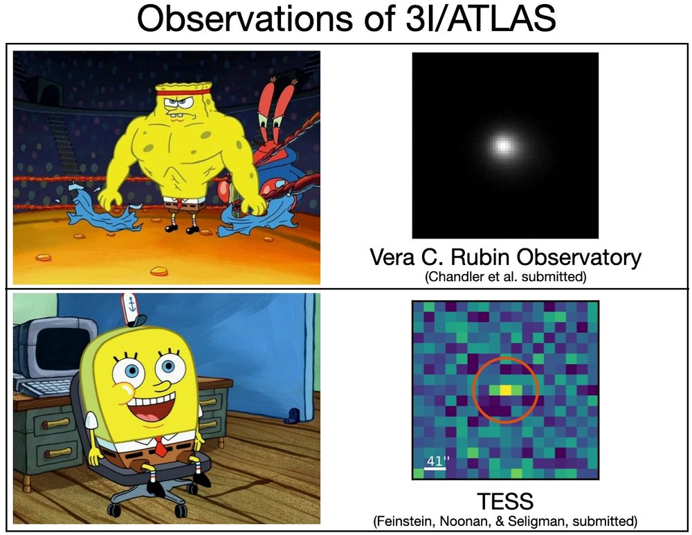 Meme about observations of the interstellar comet 3I/ATLAS. Top row: a picture of muscular SpongeBob next to a very high resolution image of the comet from the Rubin Observatory. Bottom row: a picture of smooth normal SpongeBob next to a very low resolution of the comet from NASA's TESS mission.