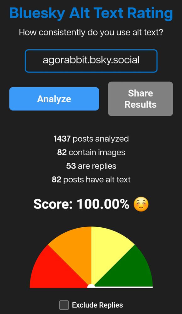 Screenshot vom Bluesky Alt Text Rating mit einem Score von 100%