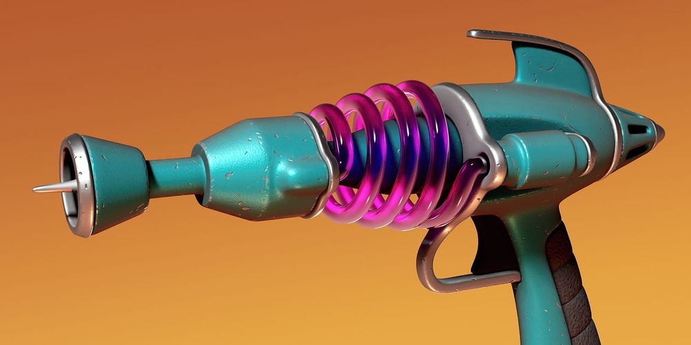 3D render of retro science fiction ray gun pistol. Turquoise paint finish with metallic trim. Some dents and scratches. 