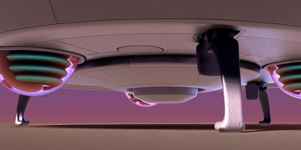 UFO 3D model underside with engine bulbs and landing legs. 