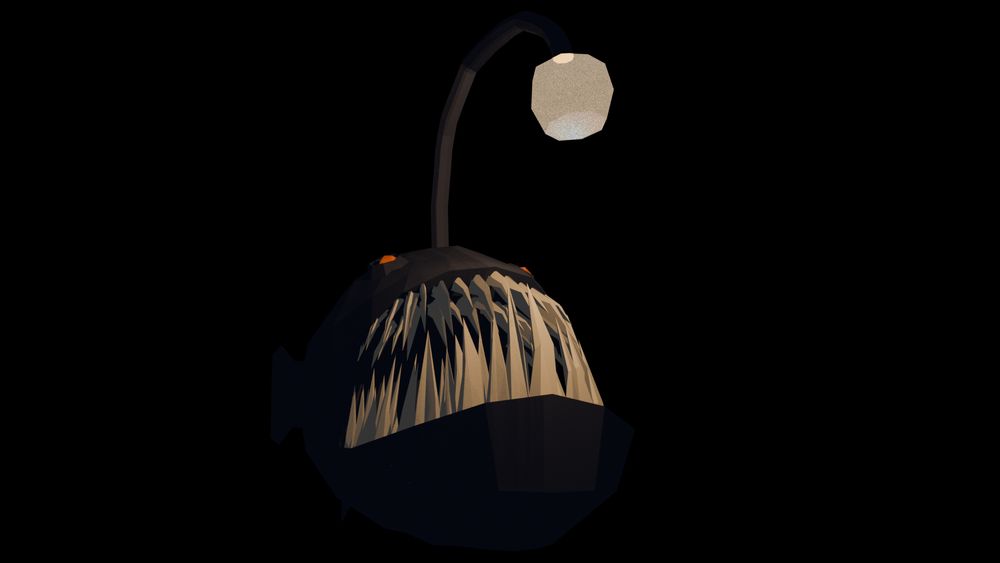 a low-poly 3D rendering of a deep sea anglerfish with an alarming number of teeth just minding her own business