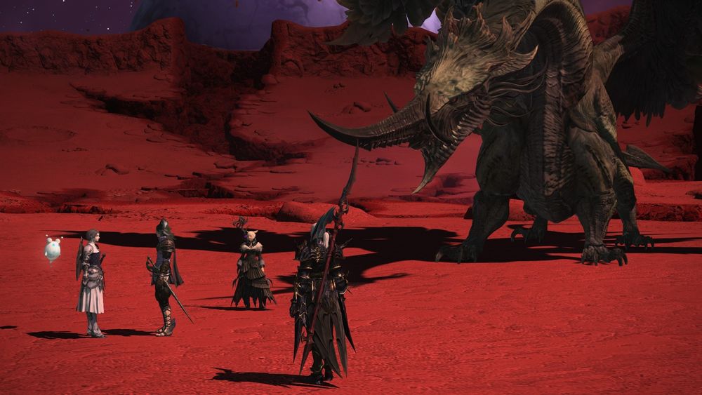 A dragon and four humanoids conversing on a red landscape 