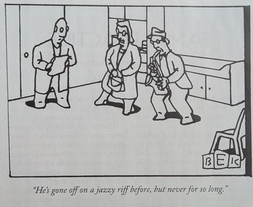 Doctor enters a room, and a woman is standing next to a man playing the saxophone. 

Script reads. "He's gone off on a jazzy rift before, but never for so long."
