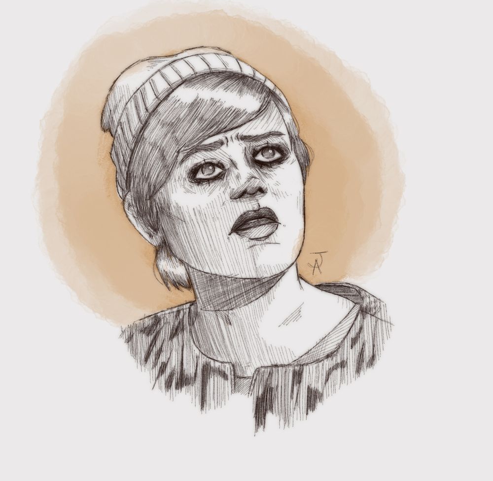 A digital pencil drawing of Chris (Crabstickz) Kendall as Gene in the short film Friend Like Me. The drawing iss entirely black and white aside from an orange watercolour halo behind his head. He is looking into the distance with a shocked/sad expression