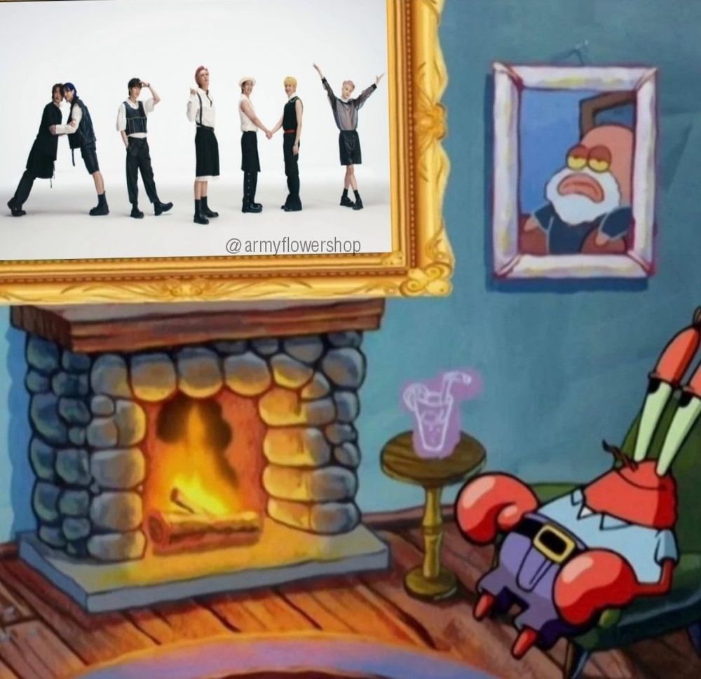 Mr Crabbs looking at a picture of bts spelling army with their arms and legs during butter era