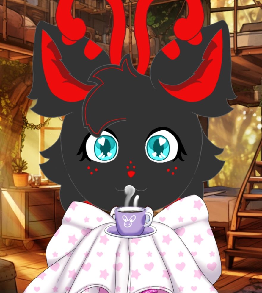 A black cat Vtuber model standing in a treehouse lit by sunlight and full of house plants. She has red antenna, nose, freckles, inner ears, and stripes on her ears. She also has light blue eyes. She is wrapped up in a white blanket covered in pink hearts and stars while holding a purple teacup with a doodle of a bunny on it. There is steam rising from the cup from the warm tea inside.