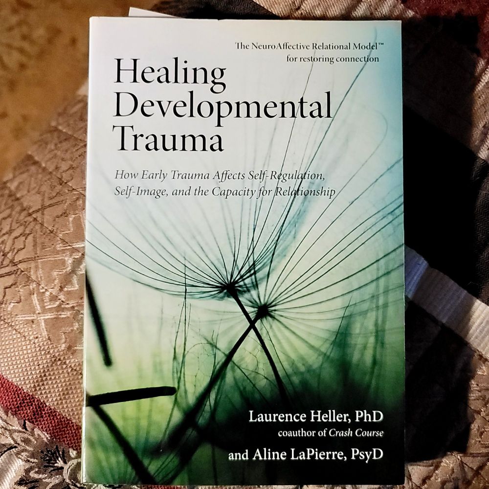 The book is Healing Developmental Trauma: How Early Trauma Affects Self-Regulation, Self-Image, and the Capacity for Relationship by Laurence Heller, PhD and Aline La Pierre, PsyD. The cover has text on a soft focus background of some kind of wispy fern.