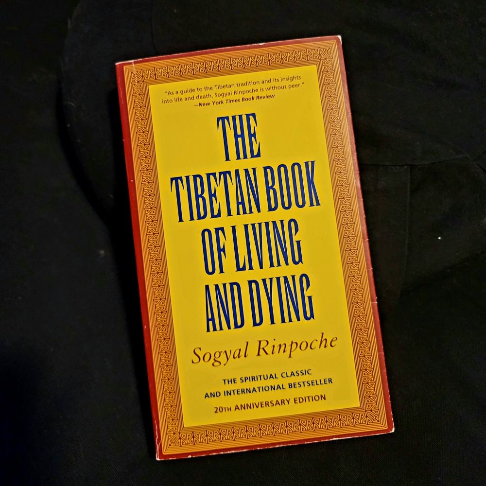 This is The Tibetan Book of Living and Dying by Sogyal Rinpoche. It is a yellow book with an orange border and blue text.